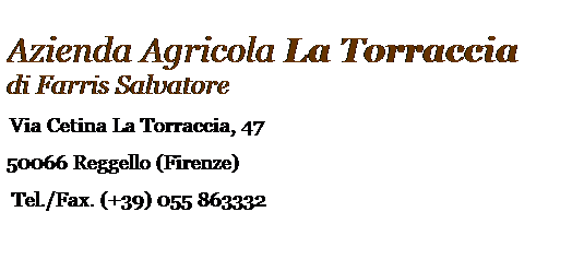 Casella di testo:  
Azienda Agricola La Torraccia 
di Farris Salvatore
 Via Cetina La Torraccia, 47
50066 Reggello (Firenze)
 Tel./Fax. (+39) 055 863332
 
